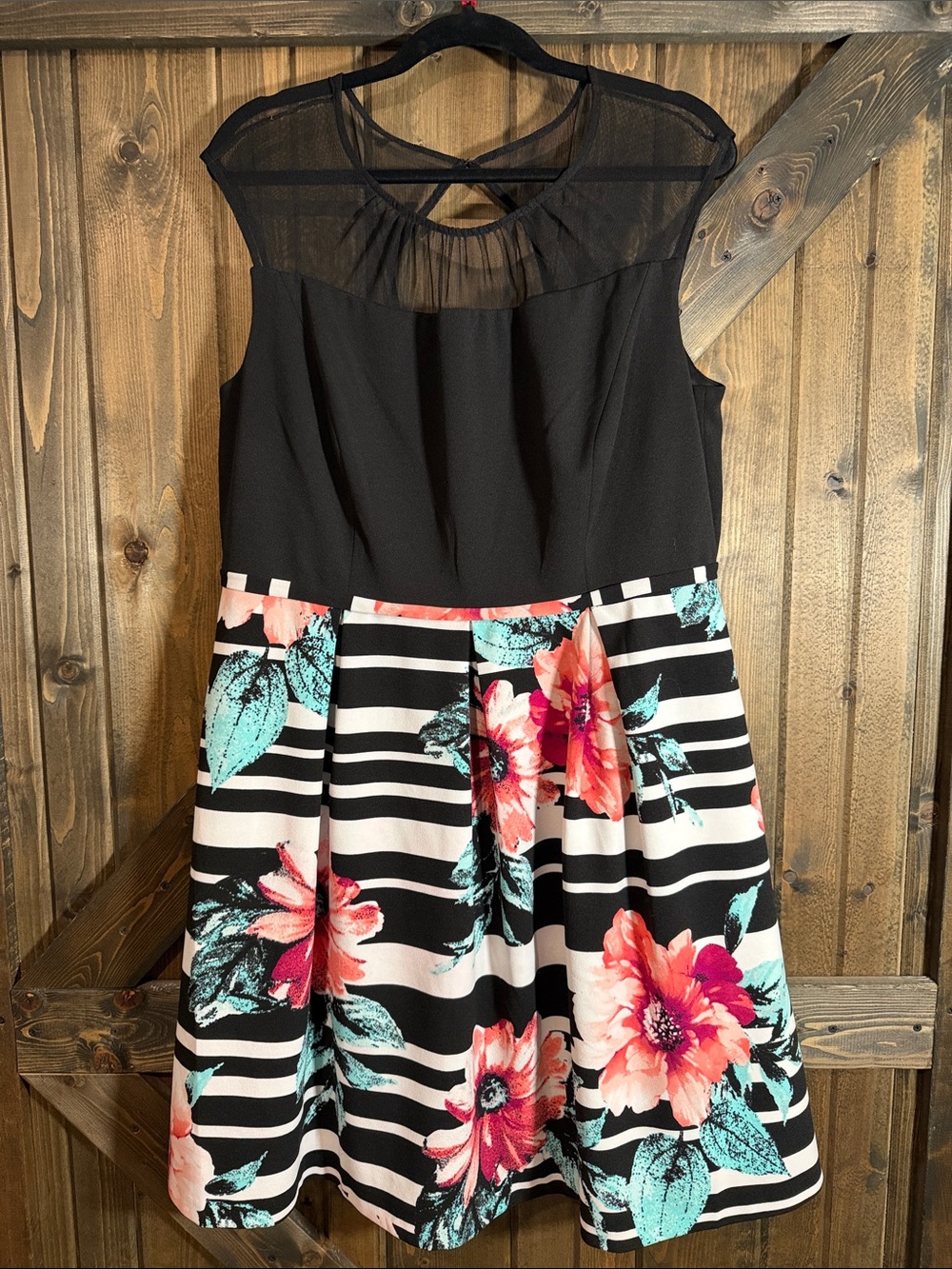 Signature by Sangria Black Fit-and-Flare Dress with Floral Stripe Skirt